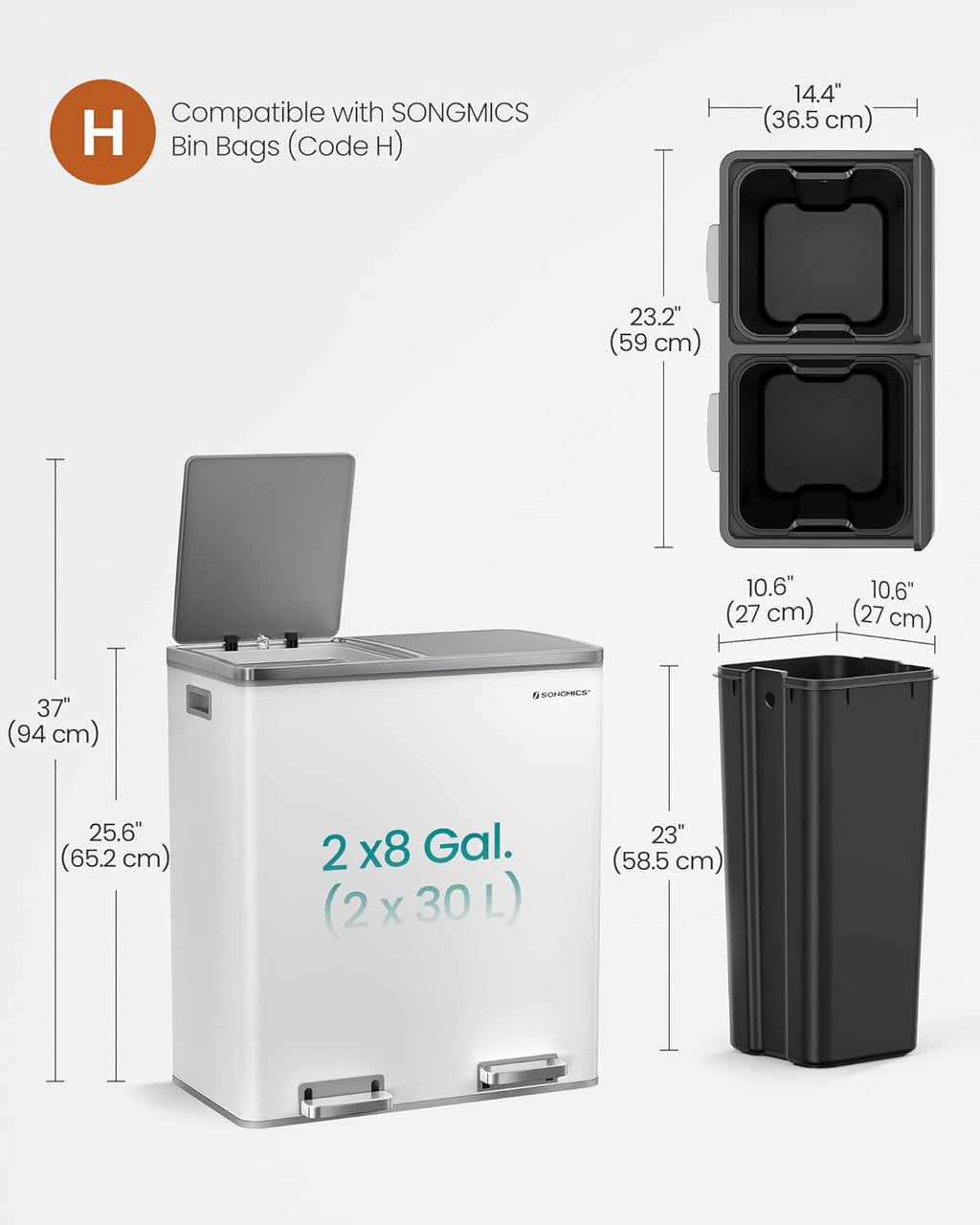 SONGMICS Dual Rubbish Bin LTB60WT