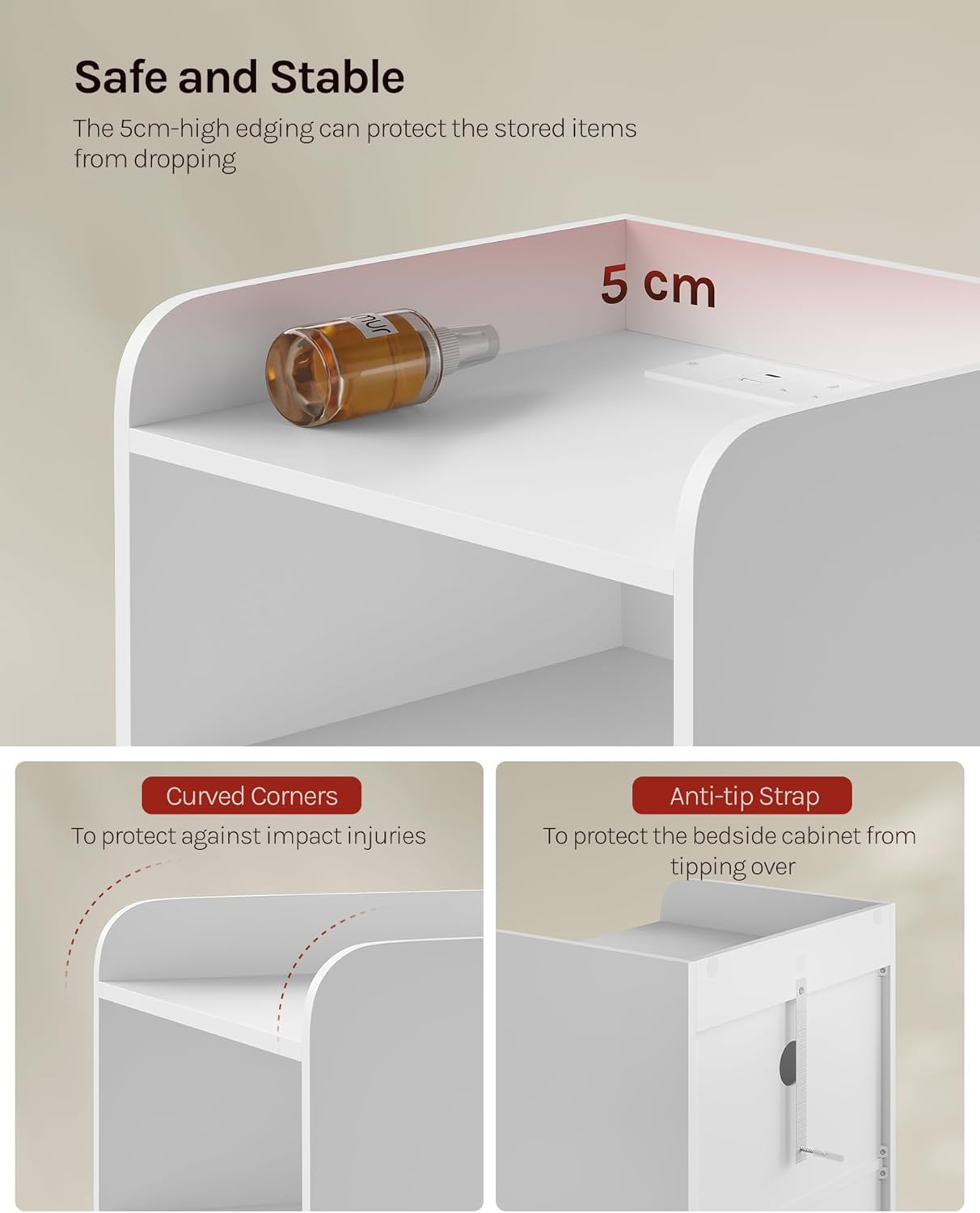 WOLTU Bedside Table with Charging Station & LED Lights