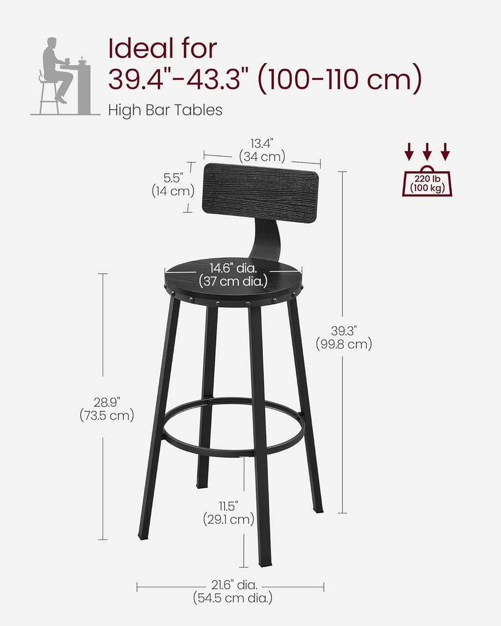 VASAGLE Bar Stools Set of 2 ULBC026B56