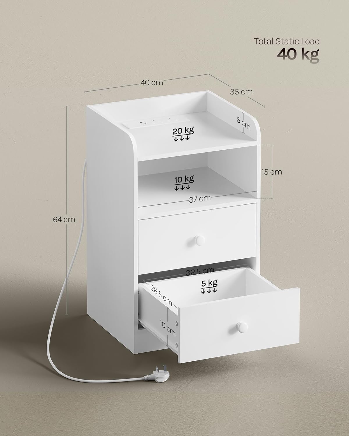WOLTU Bedside Table with Charging Station & LED Lights