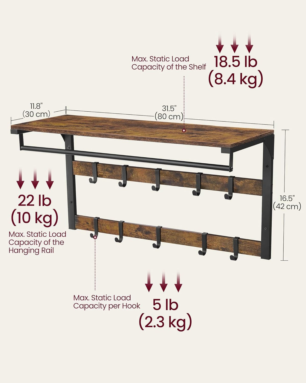 VASAGLE Wall Mounted Coat Rack LCR201B01