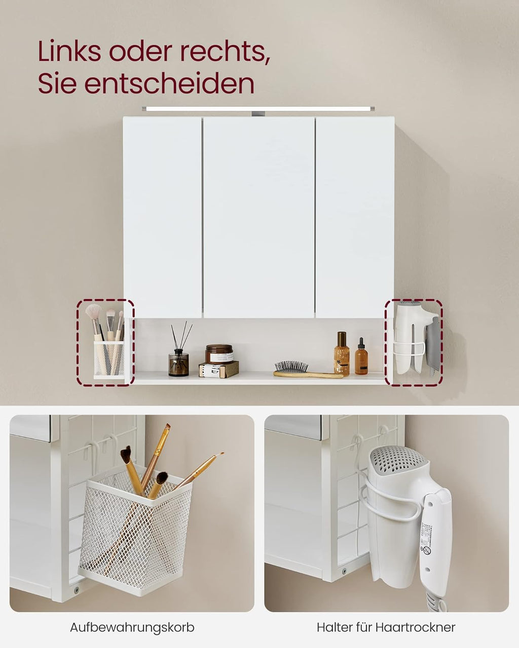 VASAGLE Bathroom Cabinet with LED Lighting