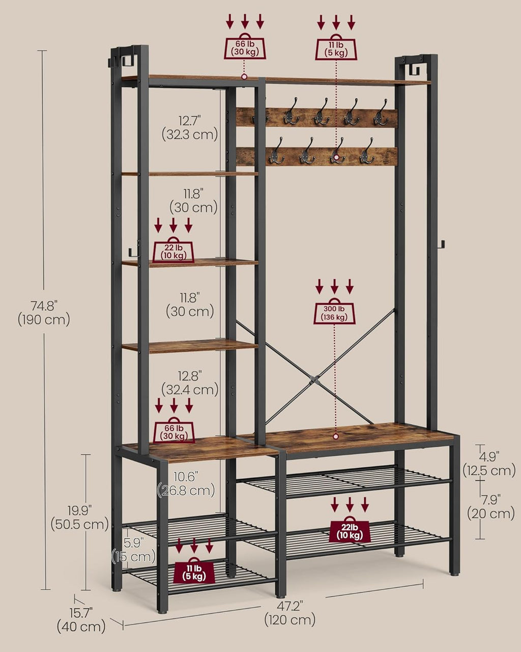 VASAGLE Hall Tree with Bench and Shoe Storage HSR426B01