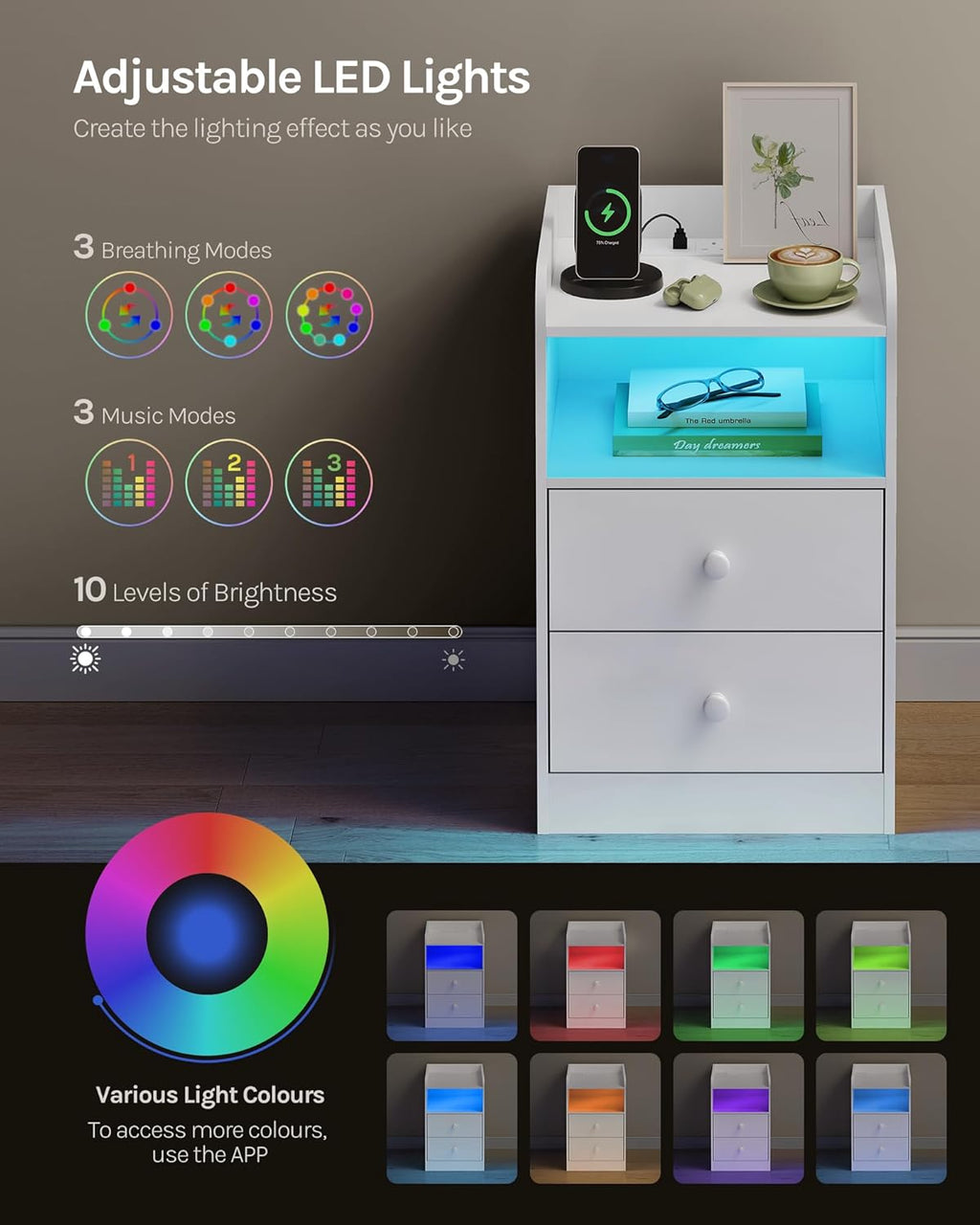 WOLTU Bedside Table with Charging Station & LED Lights