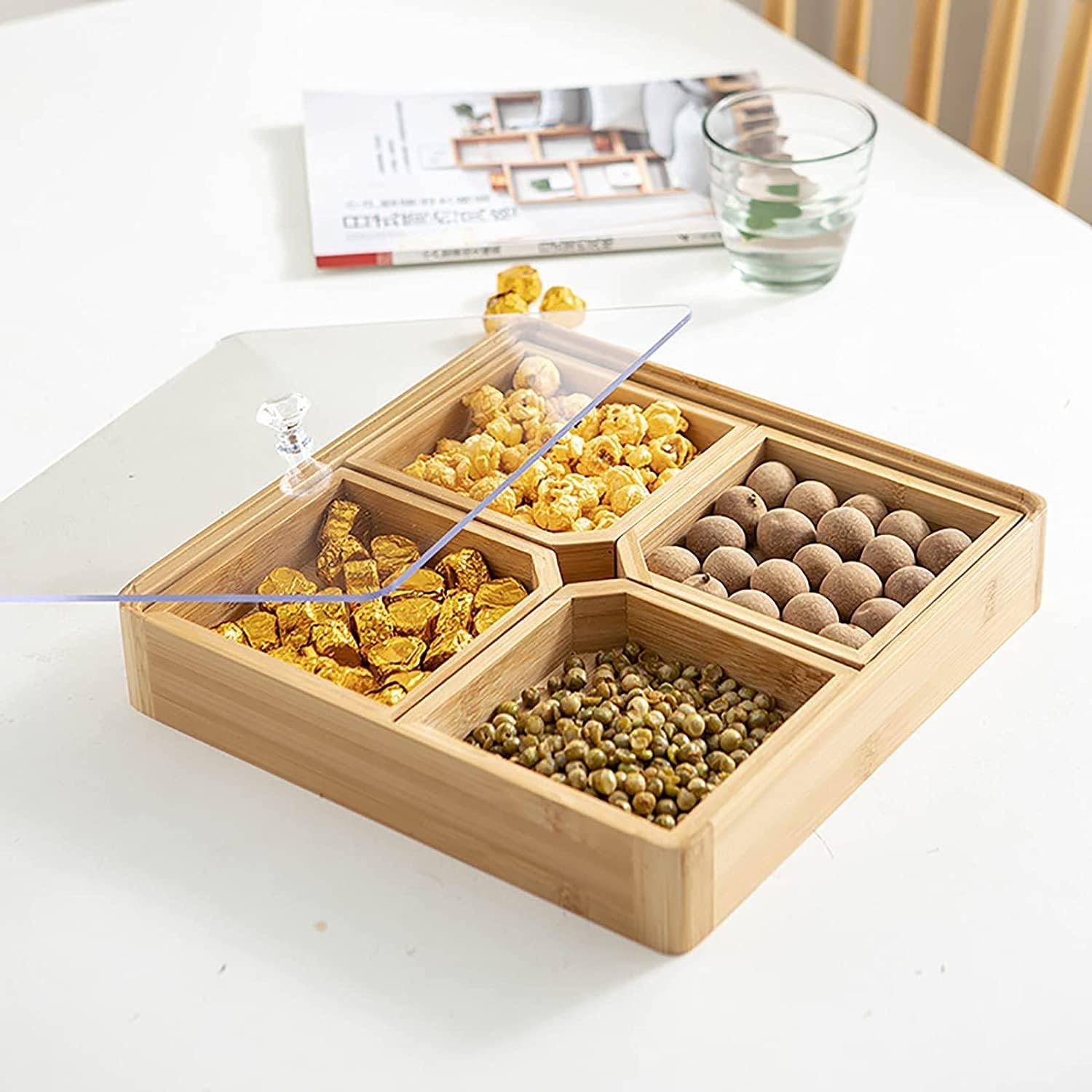 Bamboo Snack Serving Tray with Transparent Lid
