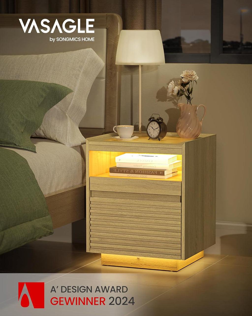 VASAGLE Bedside Table with LED