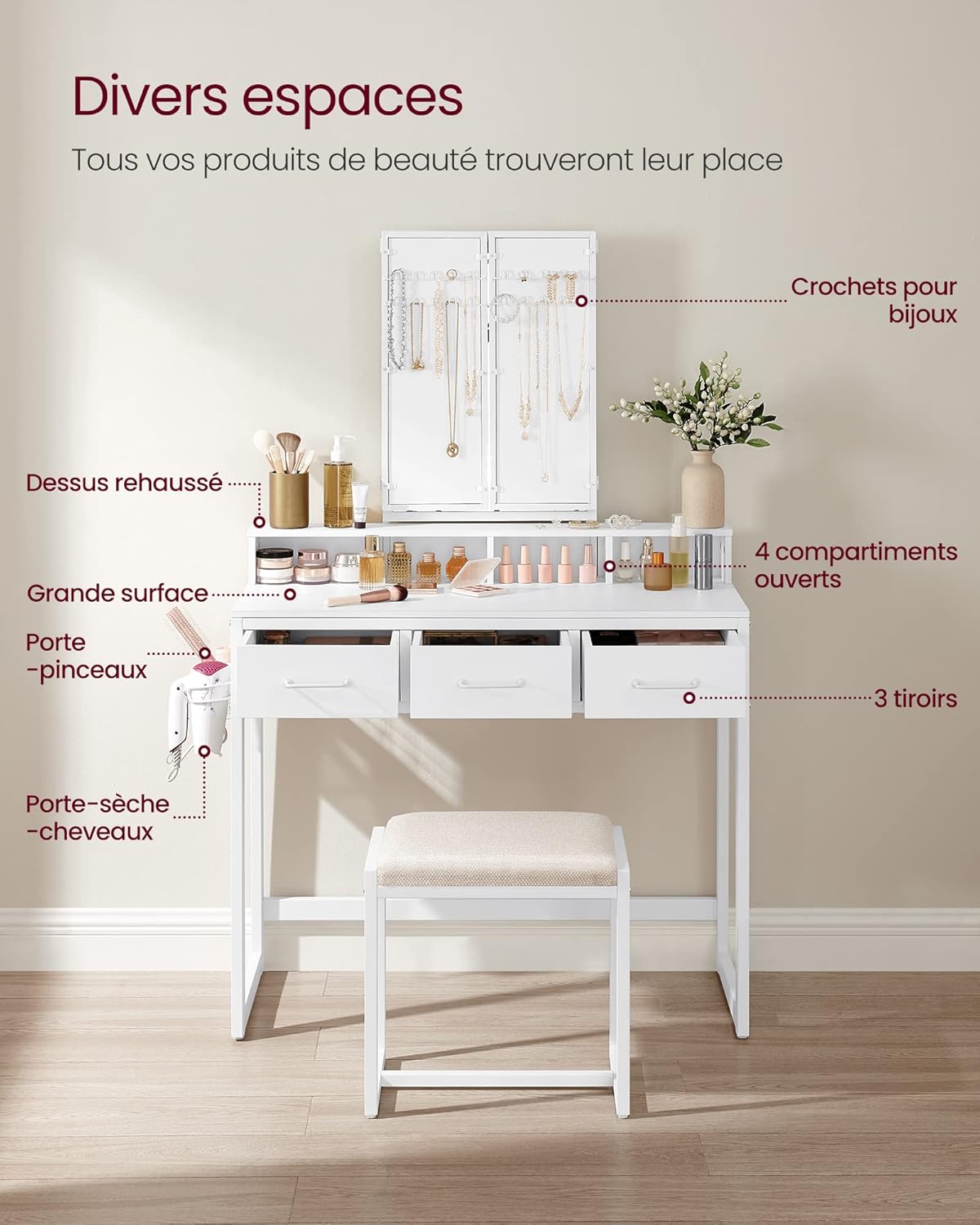 VASAGLE Dressing Table with Padded Stool RVT004W14V1