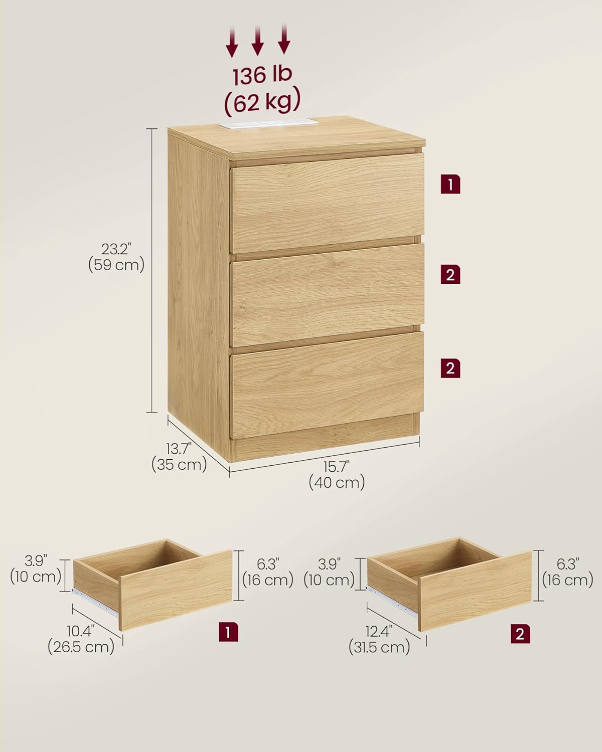 VASAGLE Bedside Table with Power Strip