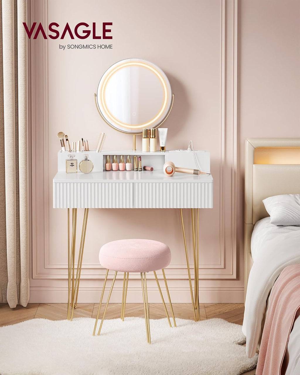 VASAGLE Dressing Table with Stool RVT019W01