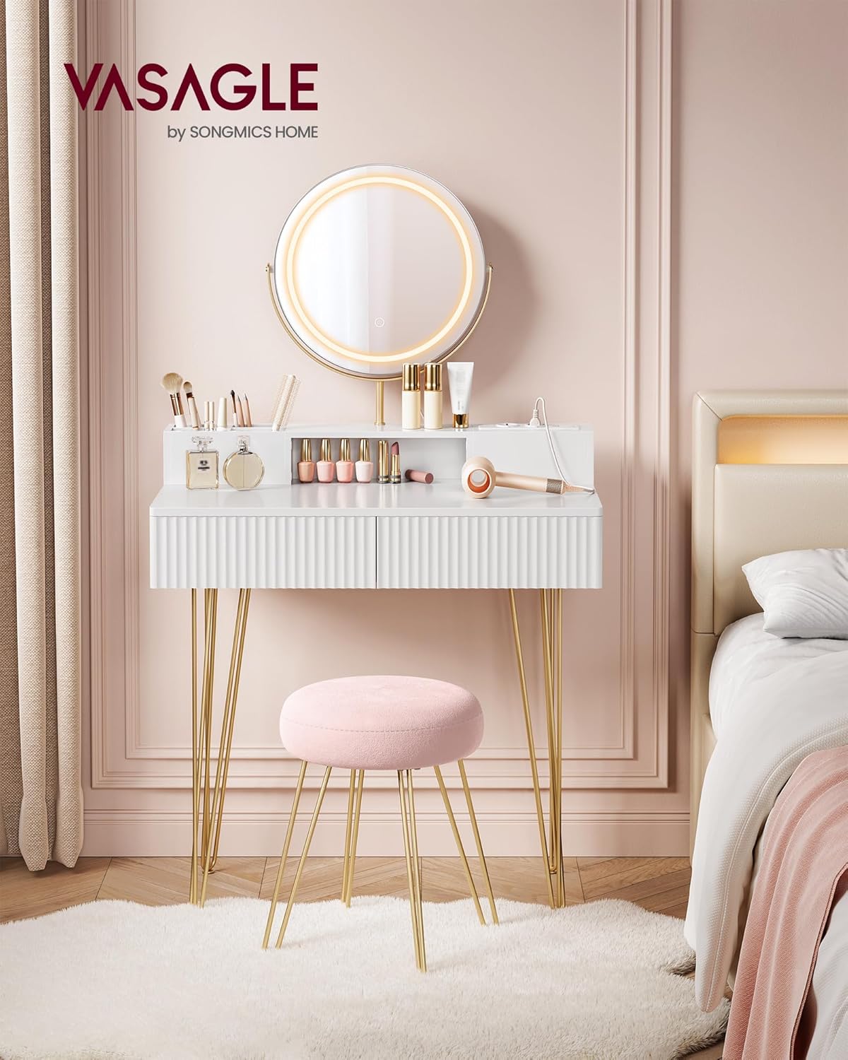 VASAGLE Dressing Table with Stool RVT019W01