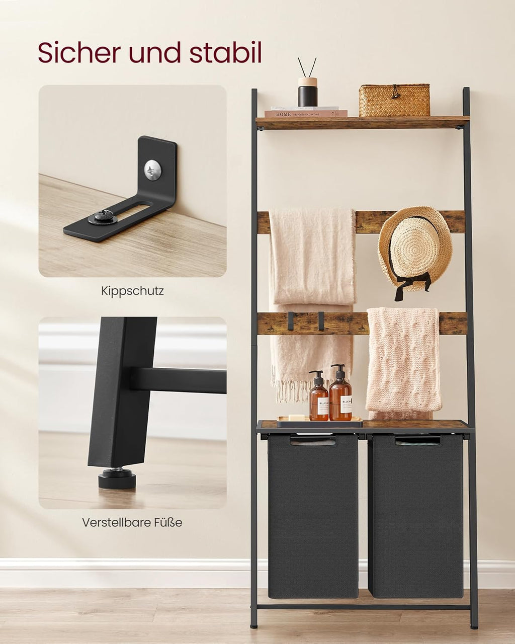 VASAGLE Laundry Basket with Towel Ladder BLH221B01