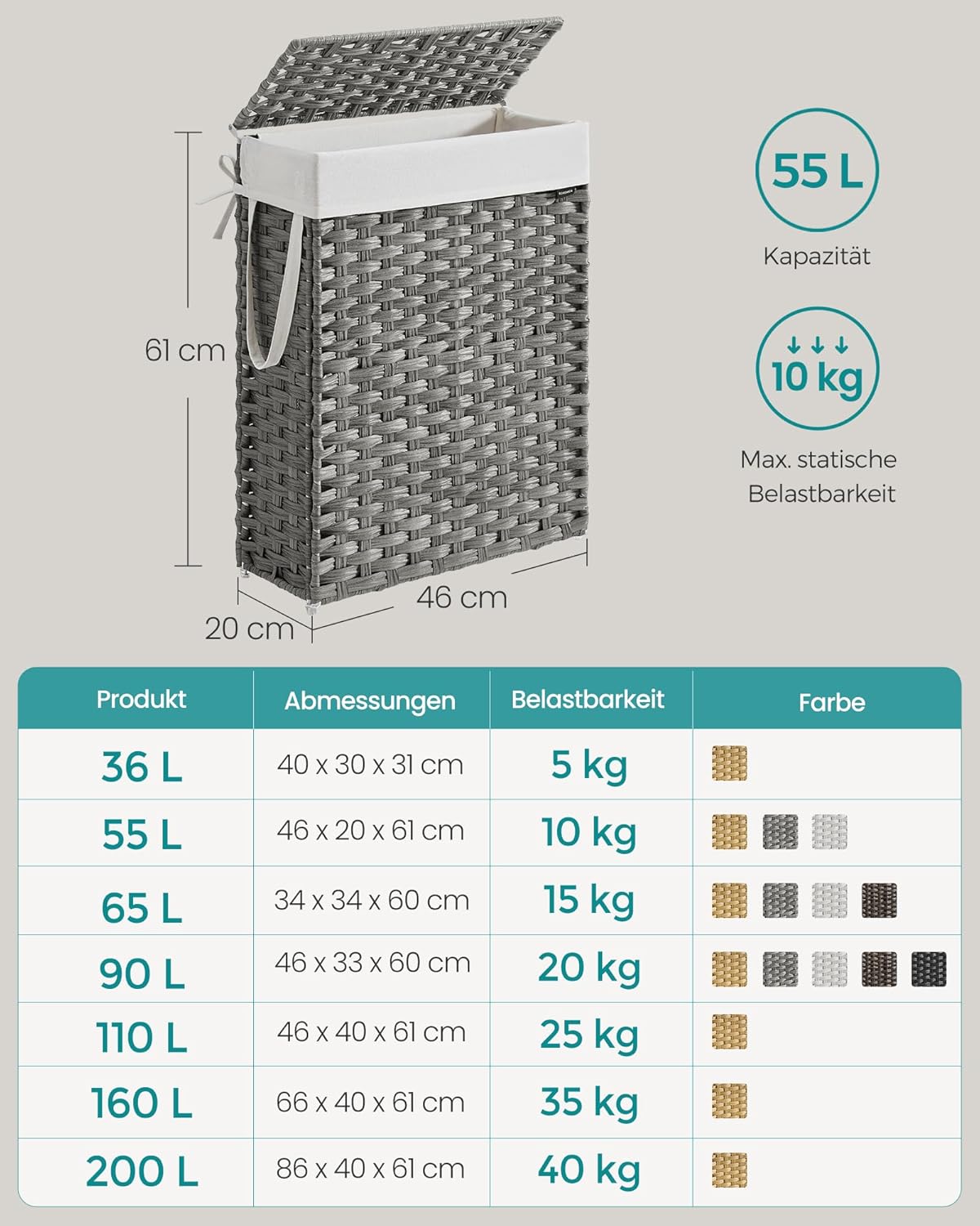 SONGMICS Slim Laundry Basket LCB164G01