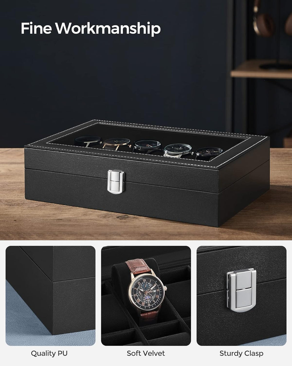 SONGMICS Watch Box with 12 Slots JWB12B