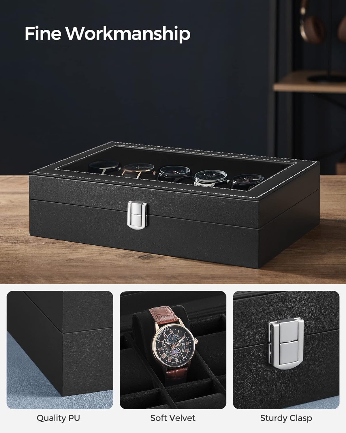 SONGMICS Watch Box with 12 Slots JWB12B