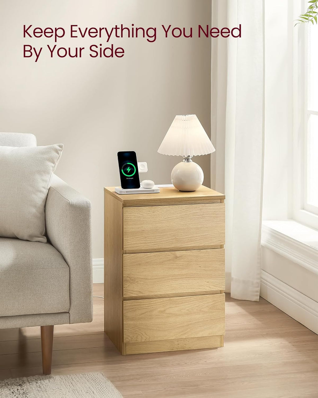 VASAGLE Bedside Table with Power Strip