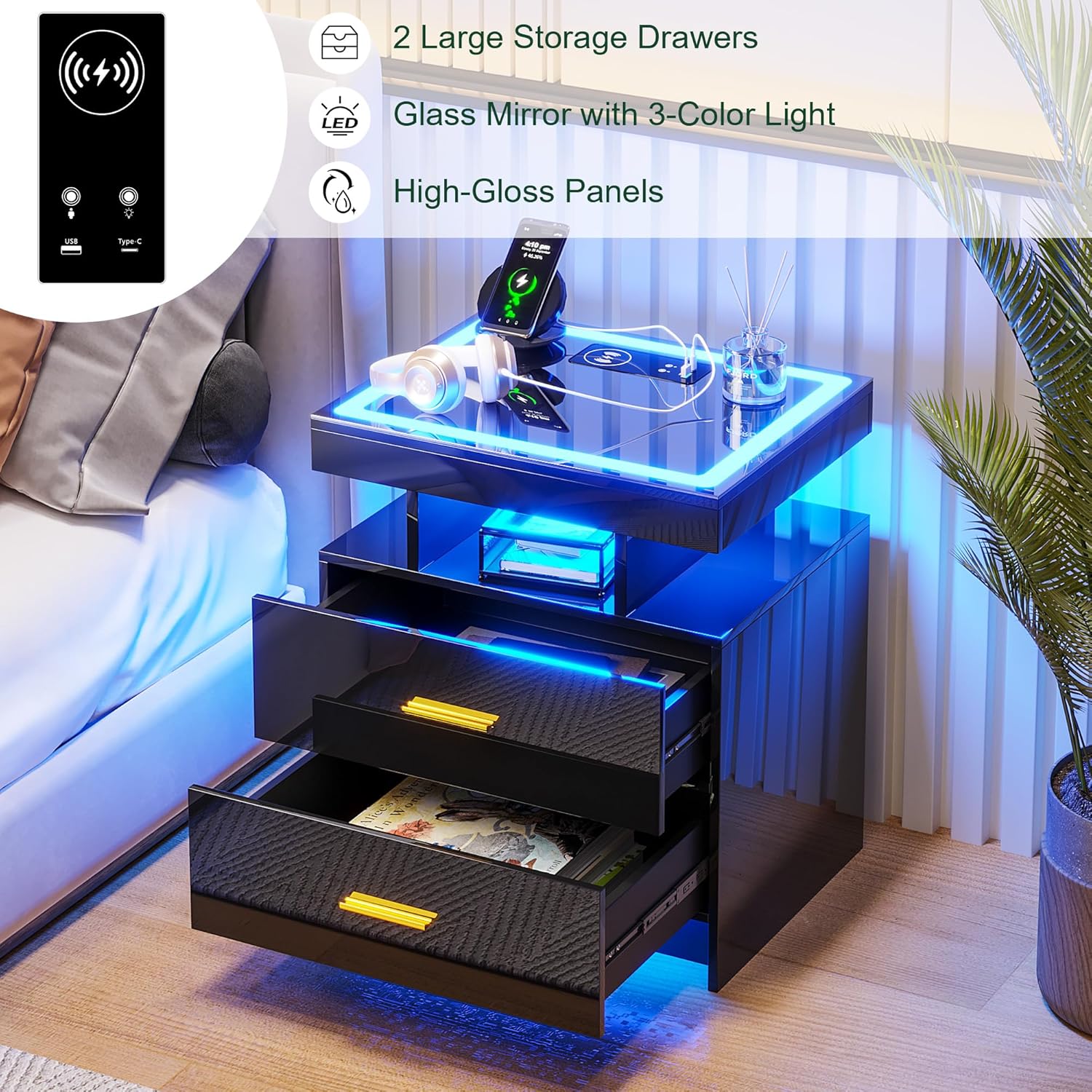 Bedside Table with Charging Station