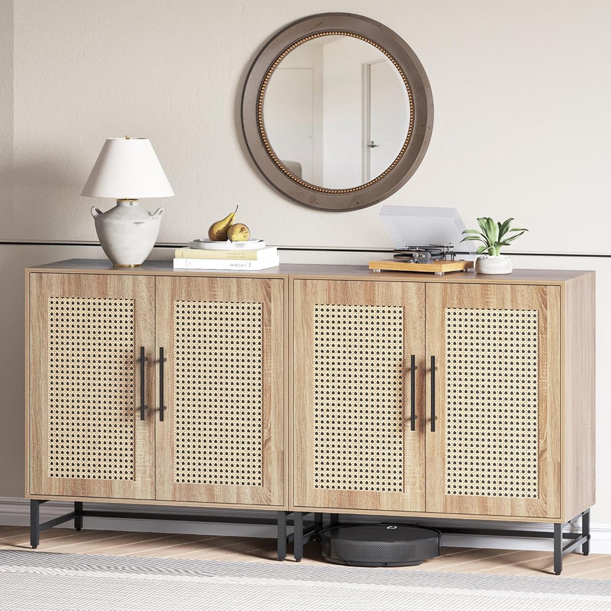 Storage Cabinet with Handmade Natural Rattan Doors