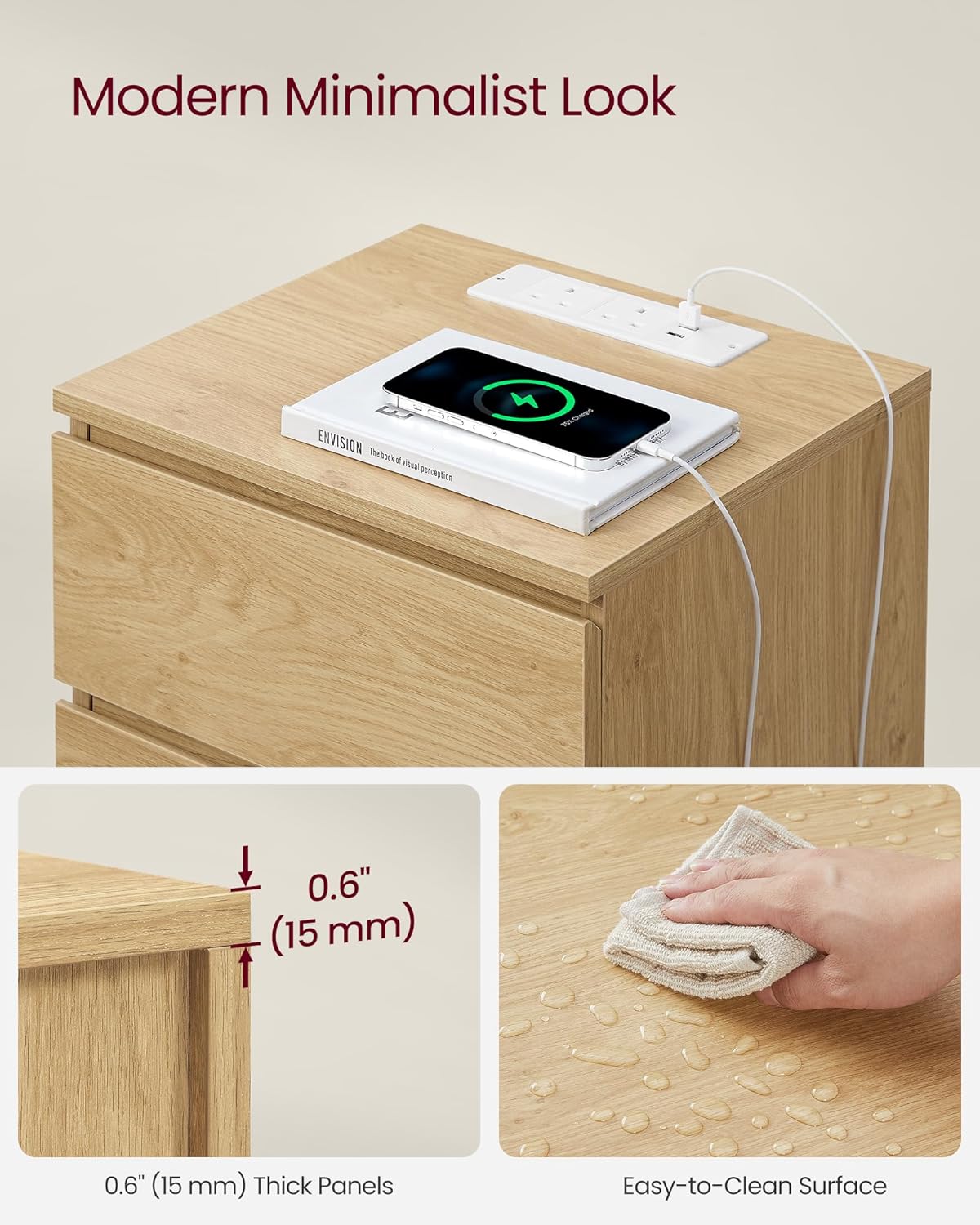VASAGLE Bedside Table with Power Strip