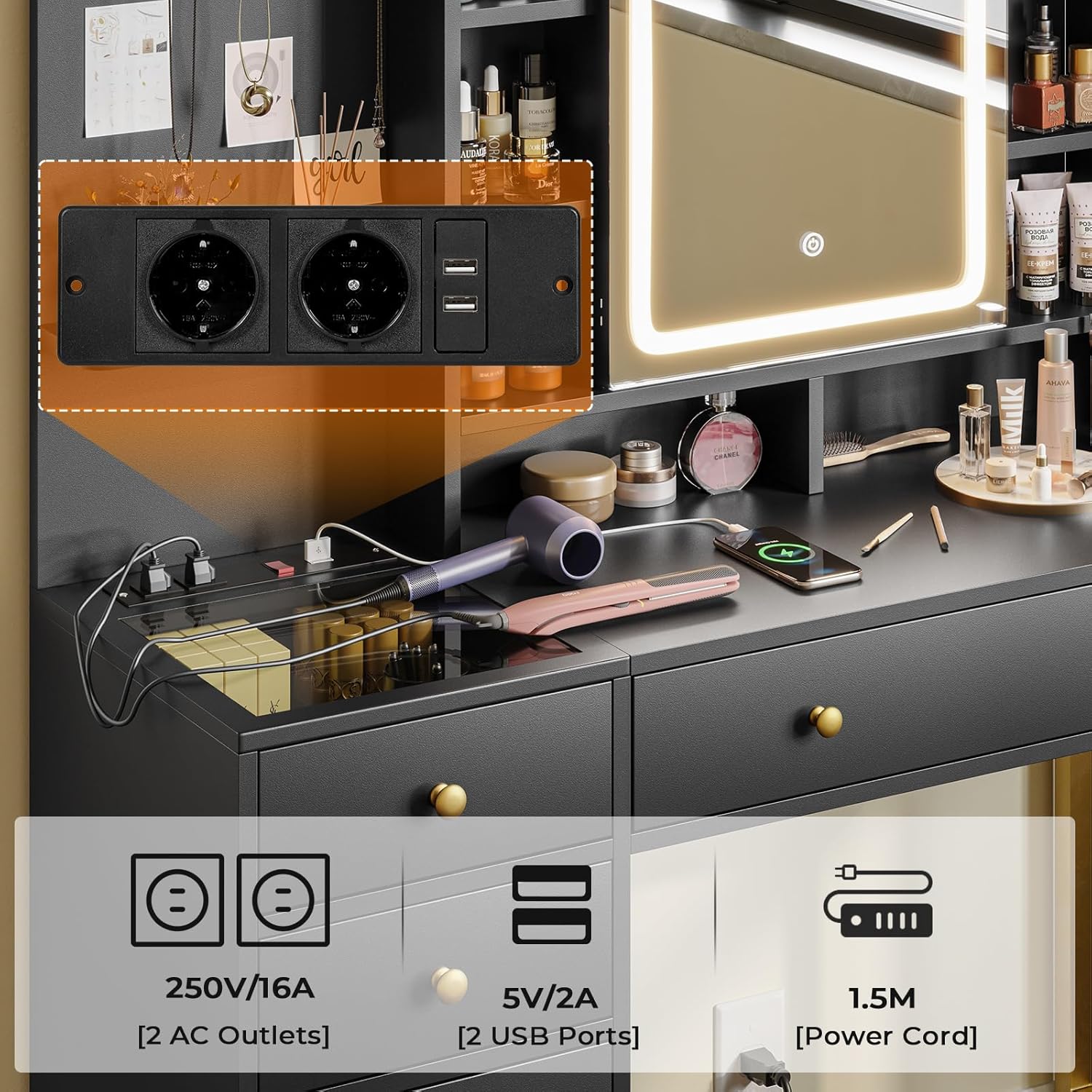 Dressing Table with Adjustable Brightness LED Mirror