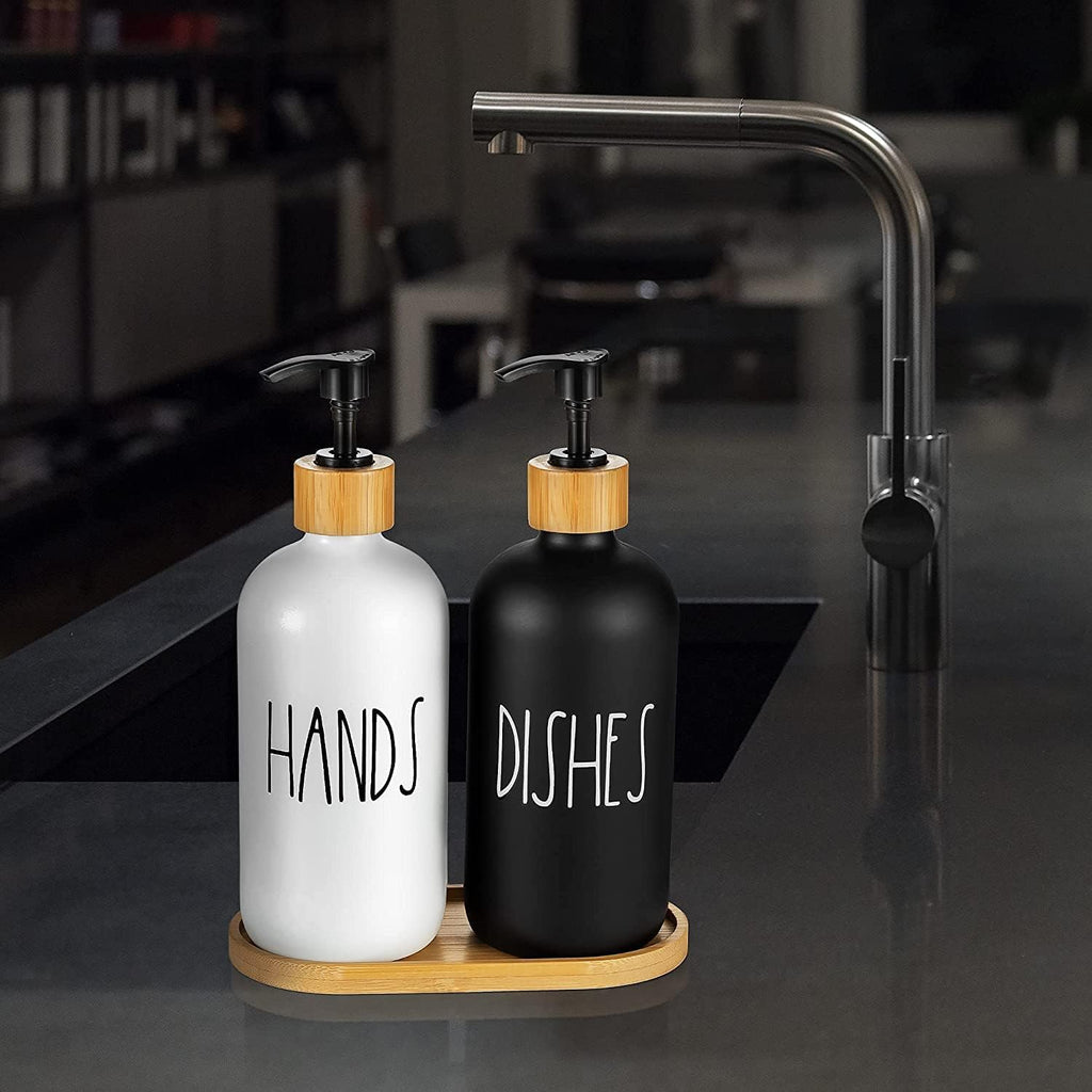 Set Of 2 Soap Dispenser with Bamboo tray