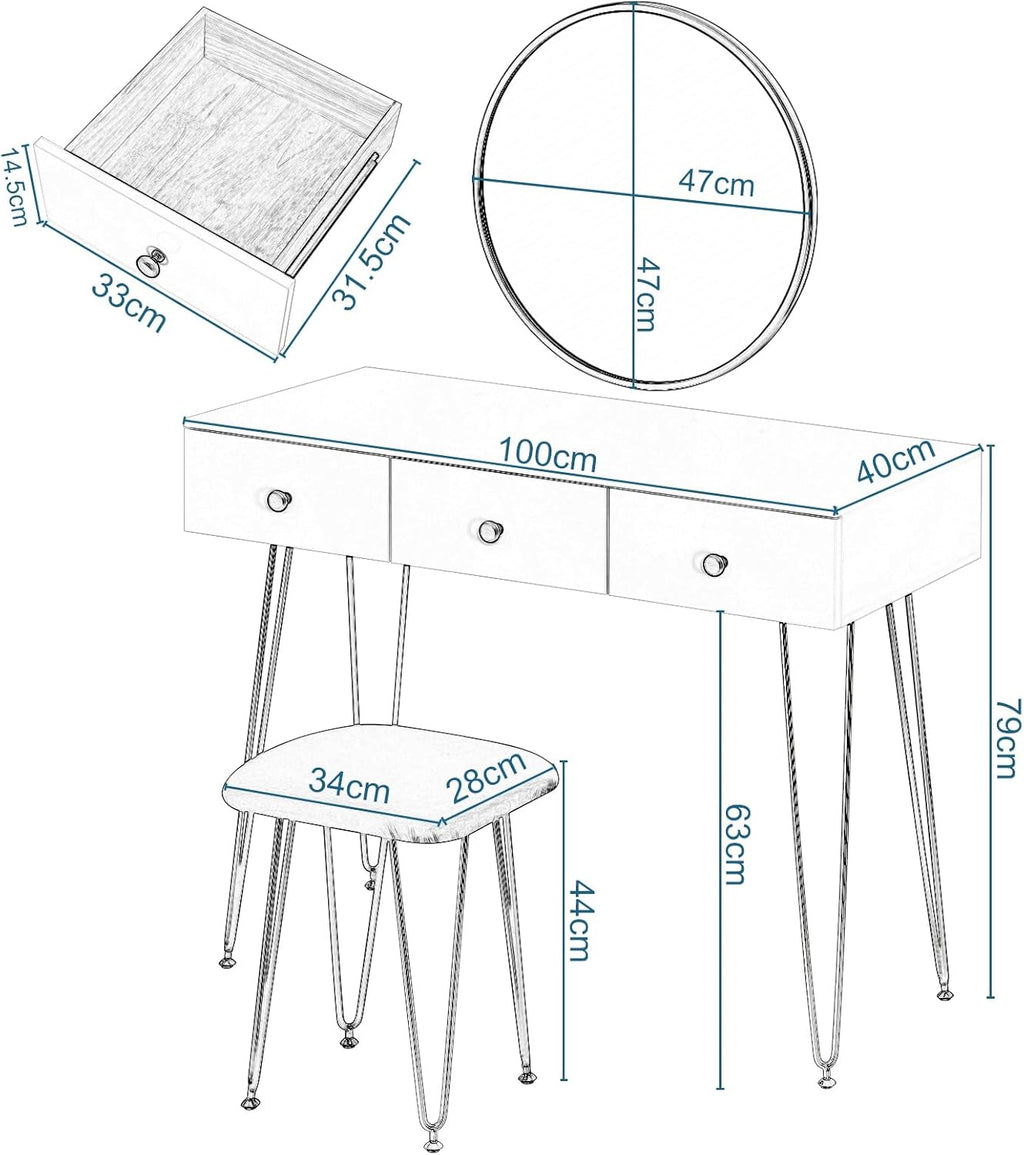 EUGAD White Dressing Table with Velvet Pink Stool