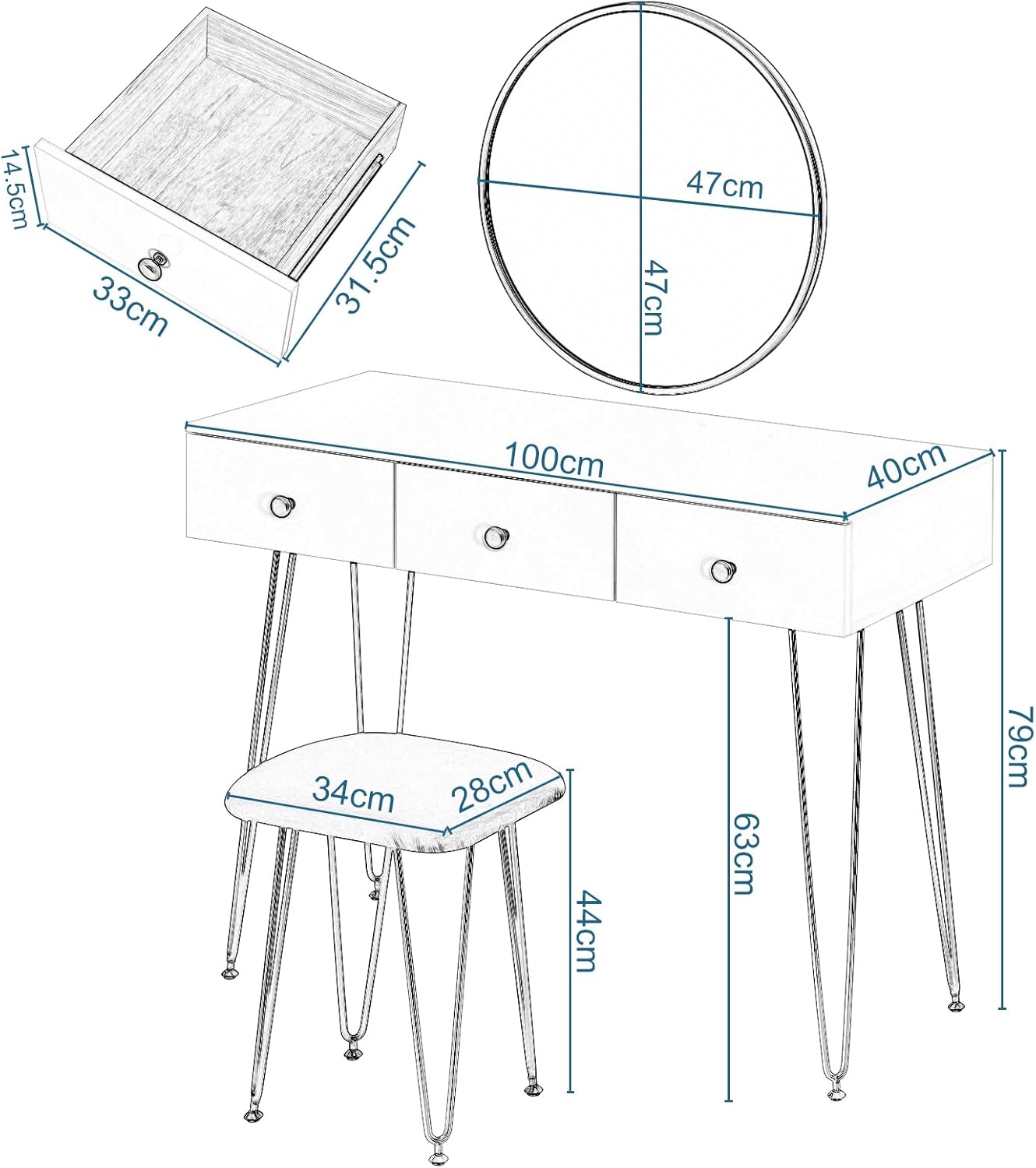 EUGAD White Dressing Table with Velvet Pink Stool
