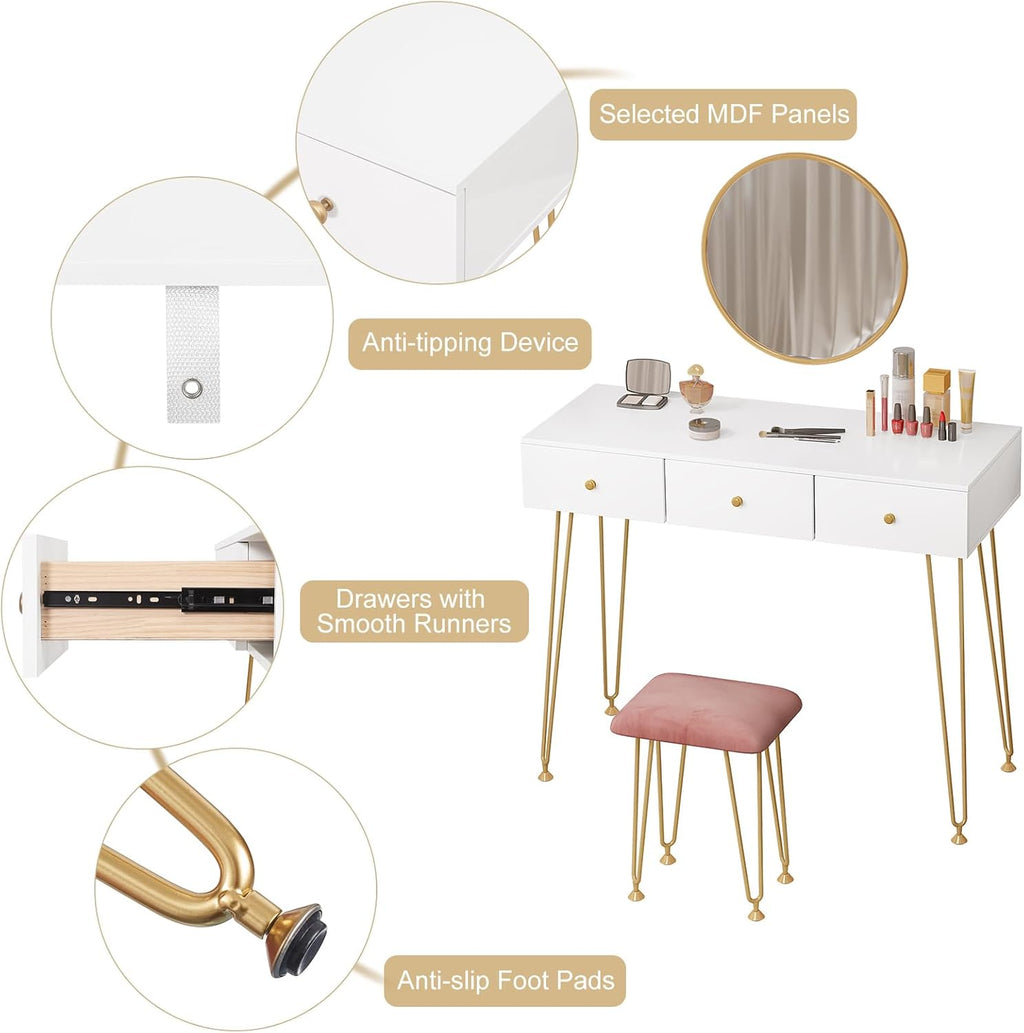 EUGAD White Dressing Table with Velvet Pink Stool