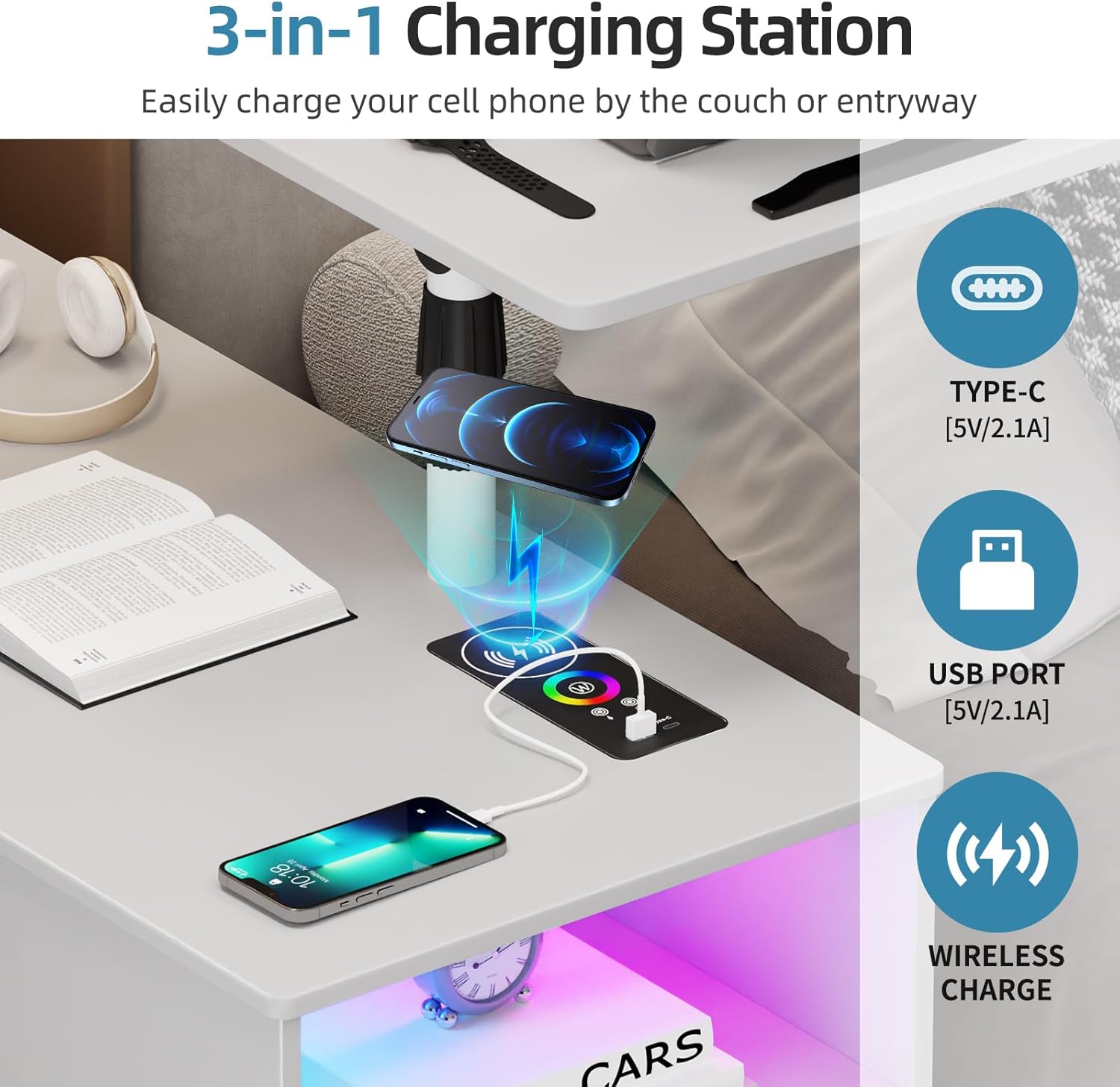 Gurexl 360° LED Nightstand with Wireless Charging Station