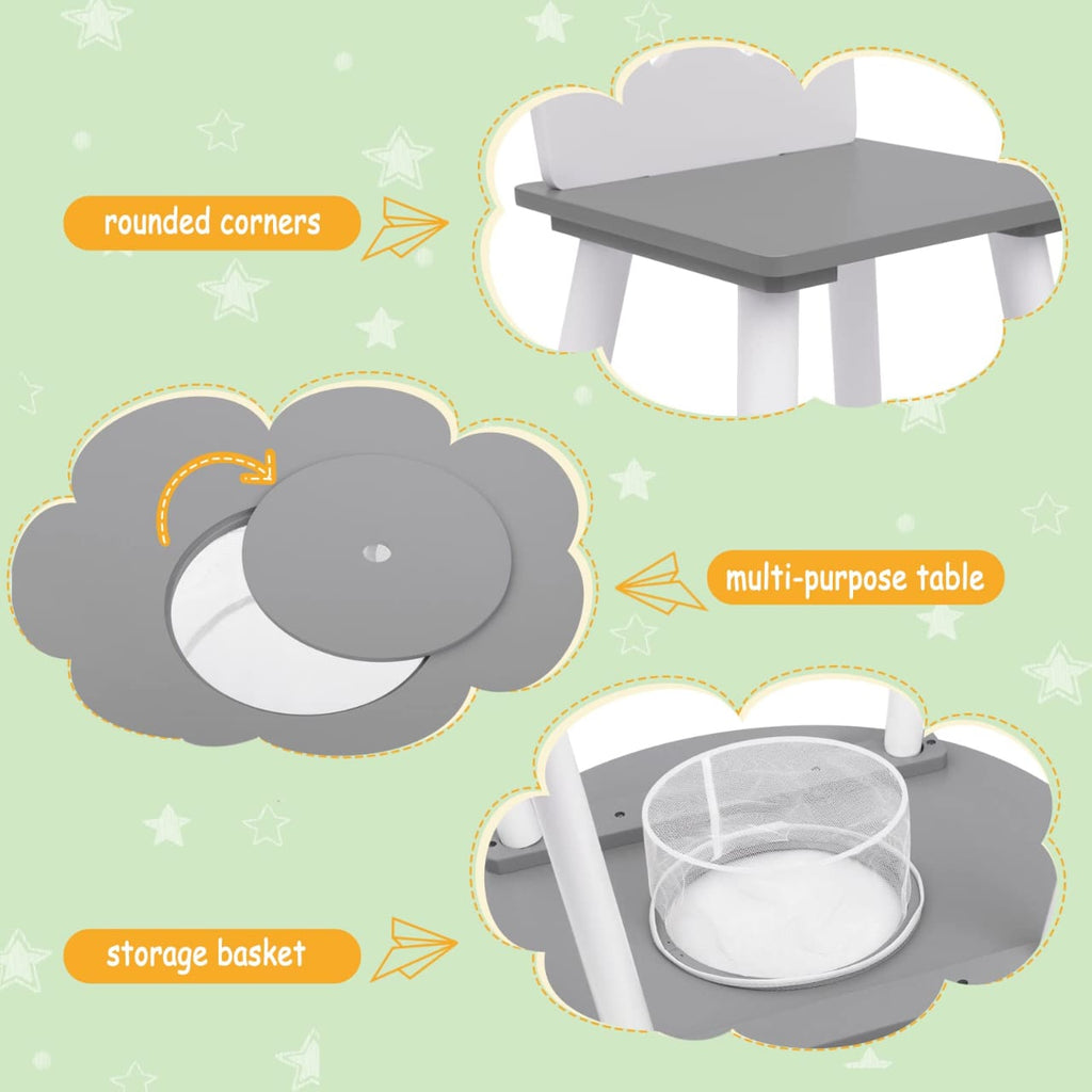 Wooden Kids' Children's Table with 2 Chairs Stools and 1 Storage Basket