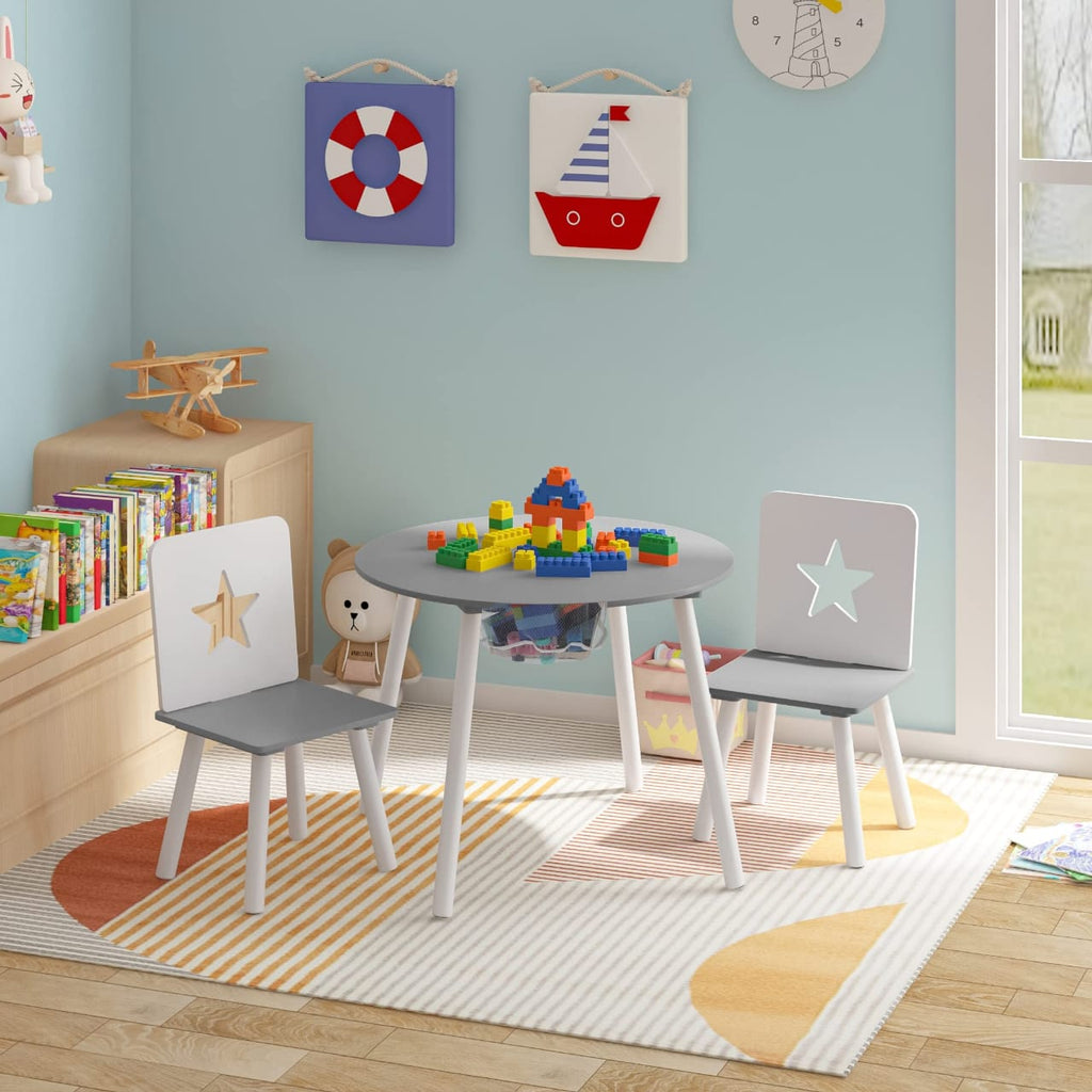 Wooden Kids' Children's Table with 2 Chairs Stools and 1 Storage Basket