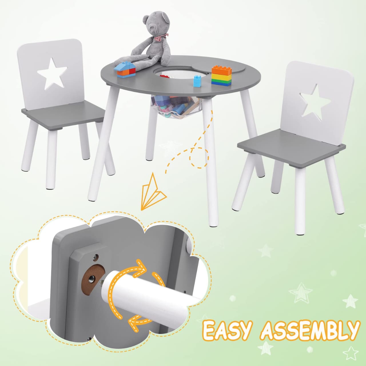 Wooden Kids' Children's Table with 2 Chairs Stools and 1 Storage Basket