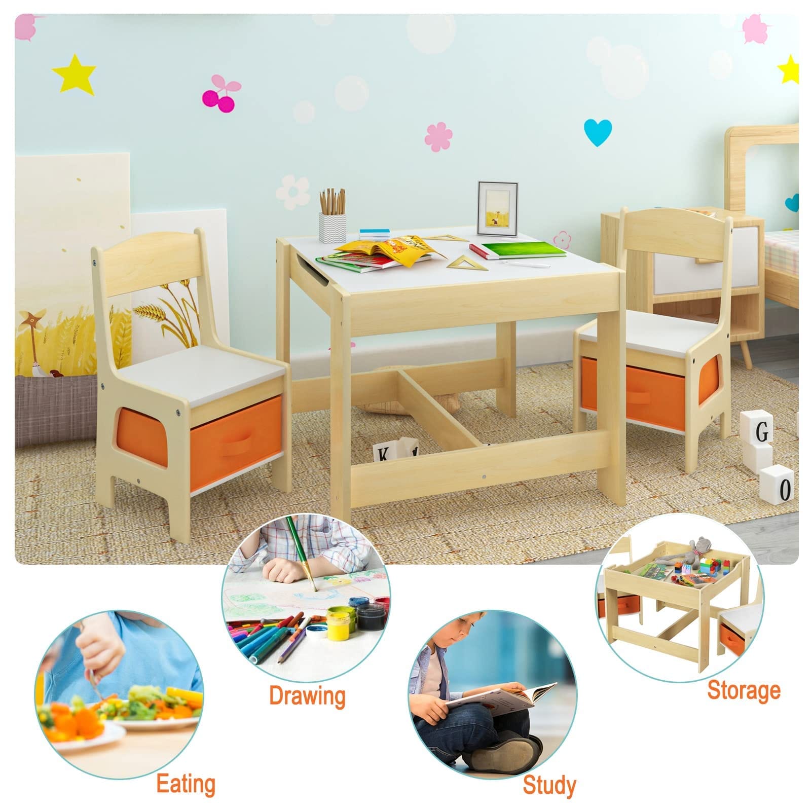 Children's Table + 2 Chairs with Storage Space for Preschool Children