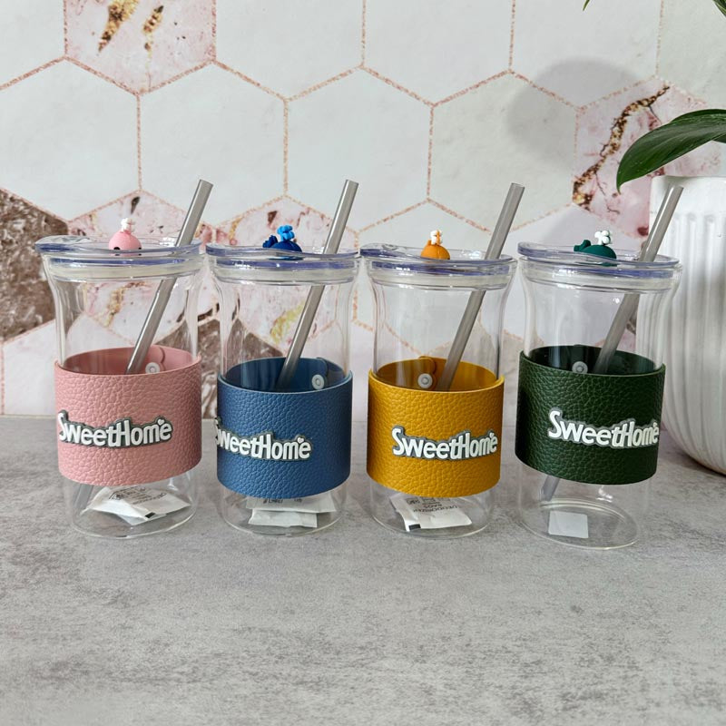 Glass Tumbler with Protective Sleeve & Straw