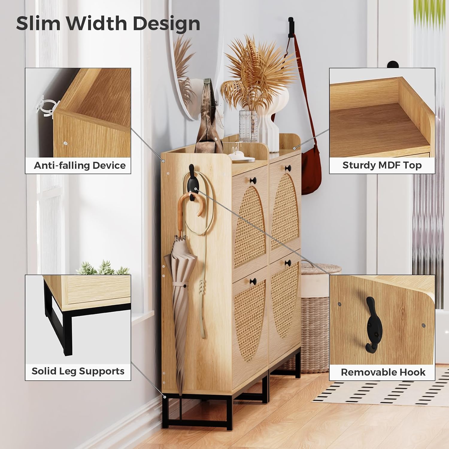 Shoe Cabinet with 2 Handmade Natural Rattan Flip Drawers