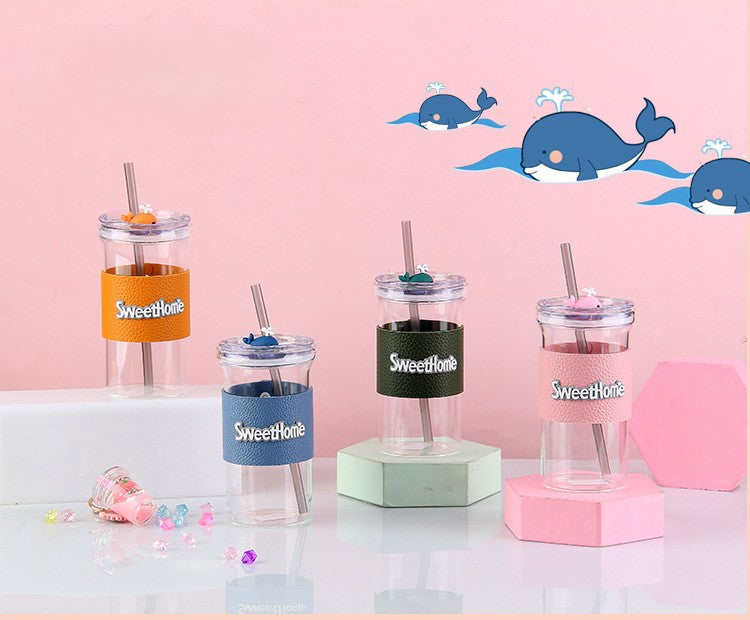 Glass Tumbler with Protective Sleeve & Straw