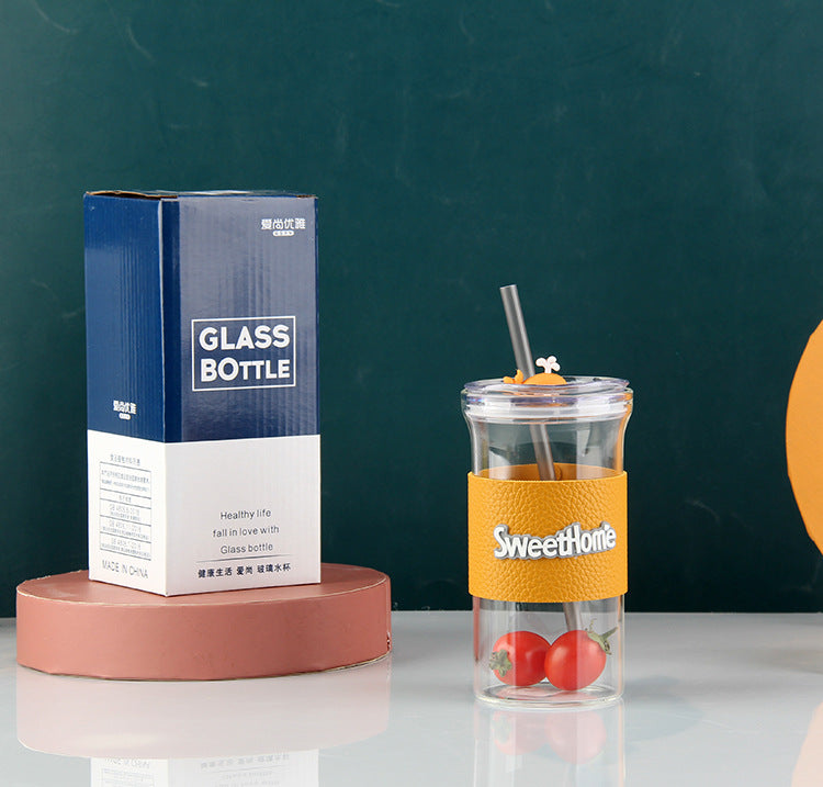 Glass Tumbler with Protective Sleeve & Straw