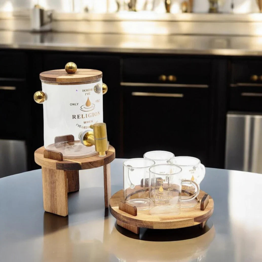 Dispenser Set with Bamboo Stand & Glass Mugs