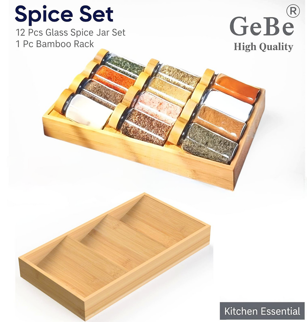 GeBe® 12-Piece Glass Spice Jar Set with 3-Tier Bamboo Rack