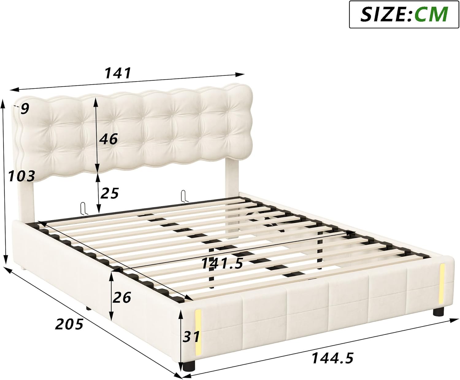 Bed with  Storage and LED Light with Automatic Sensor