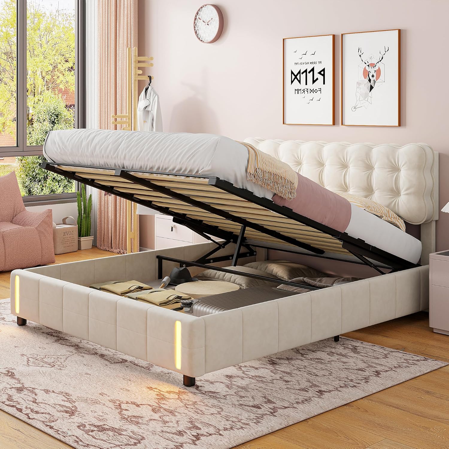 Bed with  Storage and LED Light with Automatic Sensor