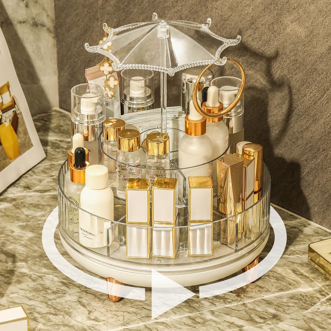 360 Rotating Makeup Organiser with Jewelry Towers Tray