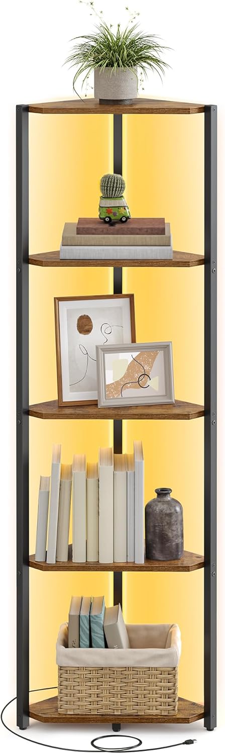 VASAGLE 5-Tier Corner Shelf, Bookcase with Adjustable LED Lights LBC590K02