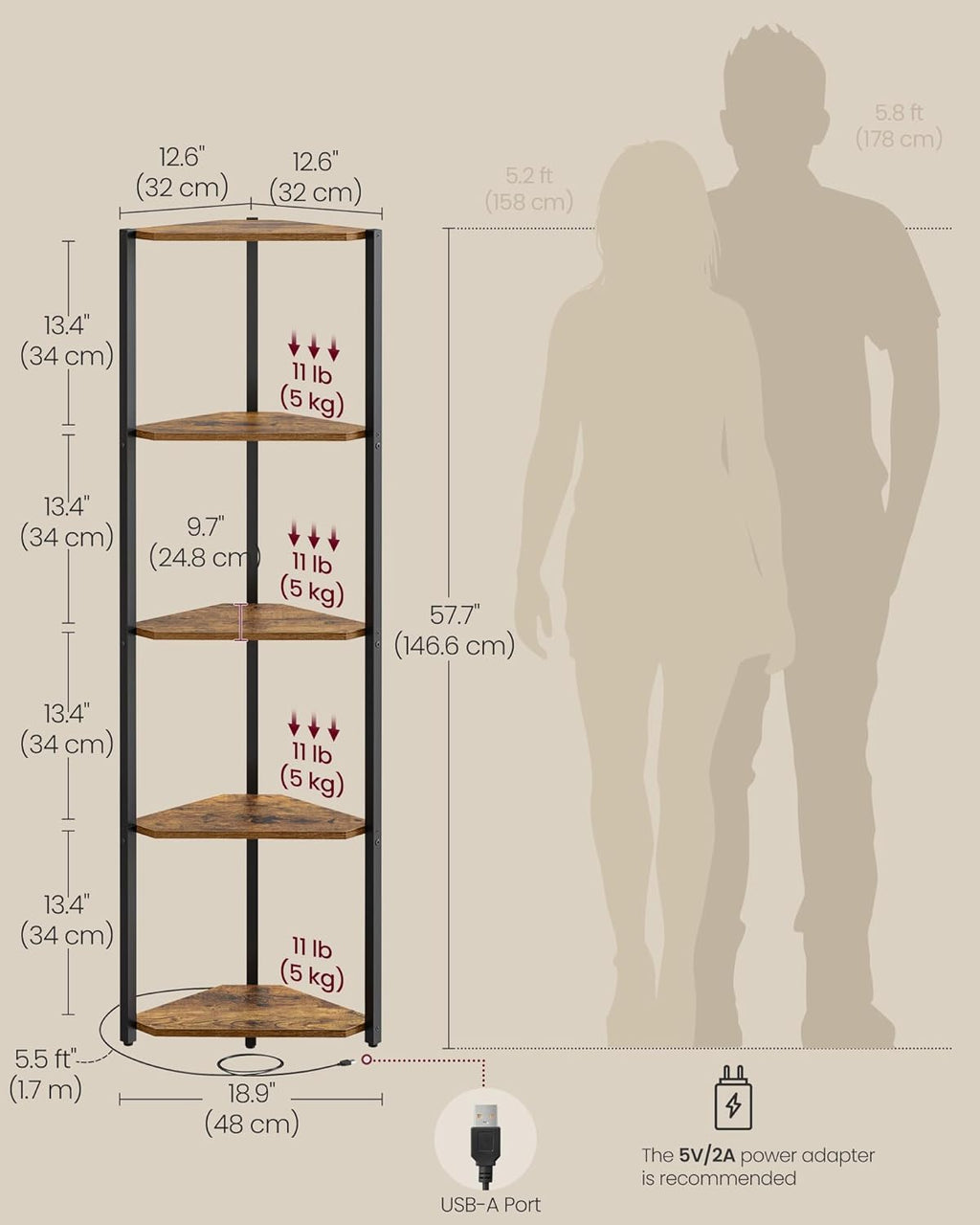 VASAGLE 5-Tier Corner Shelf, Bookcase with Adjustable LED Lights LBC590K02