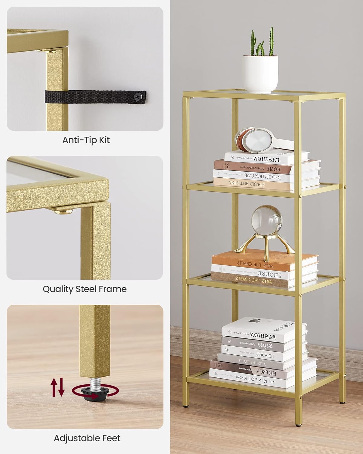 VASAGLE 4-Tier Glass Shelf