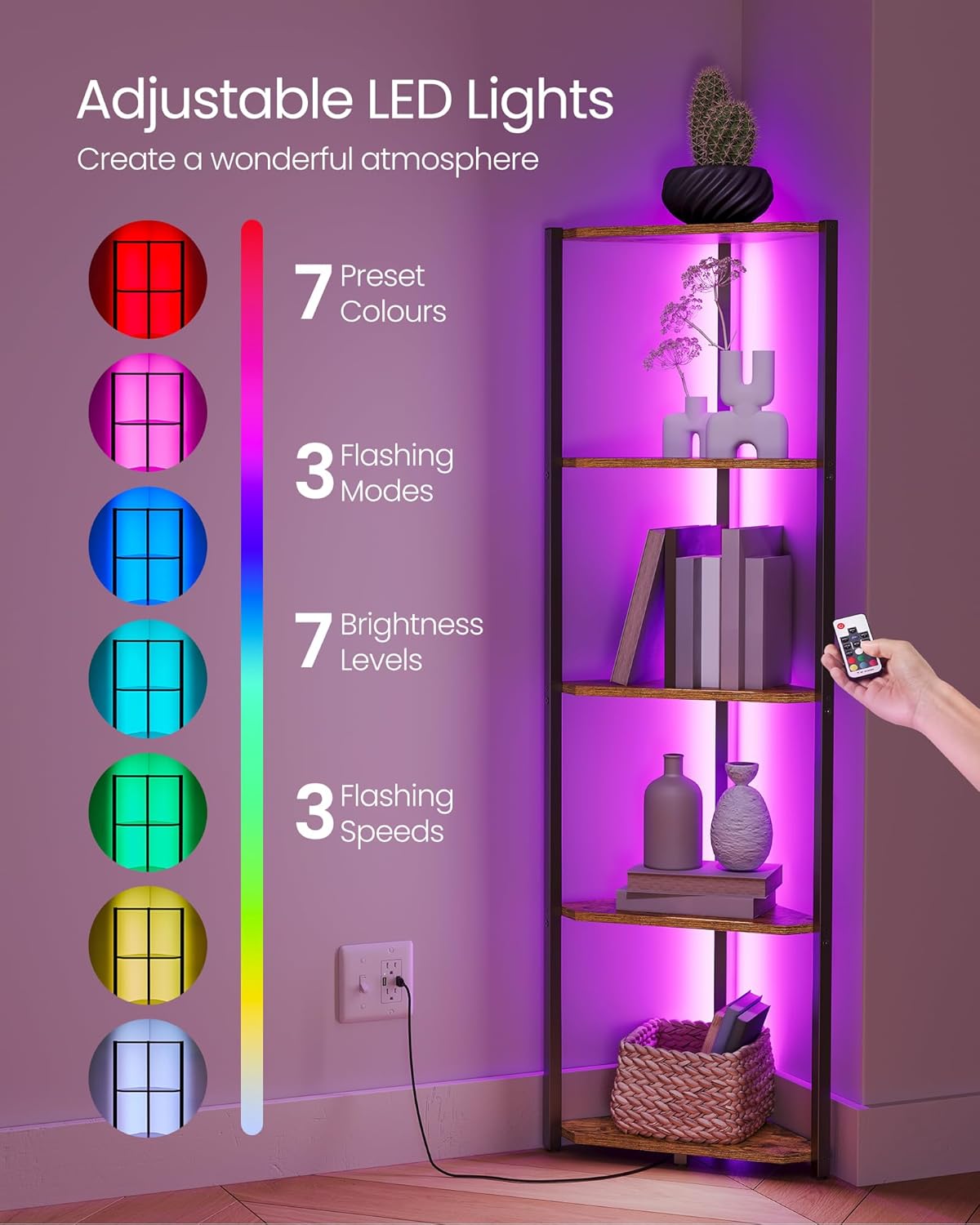 VASAGLE 5-Tier Corner Shelf, Bookcase with Adjustable LED Lights LBC590K02