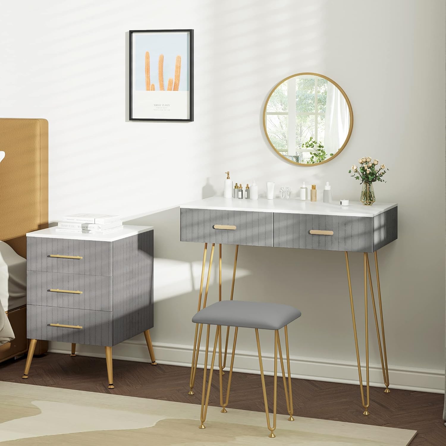 WOLTU Vanity Table with Stool Mirror