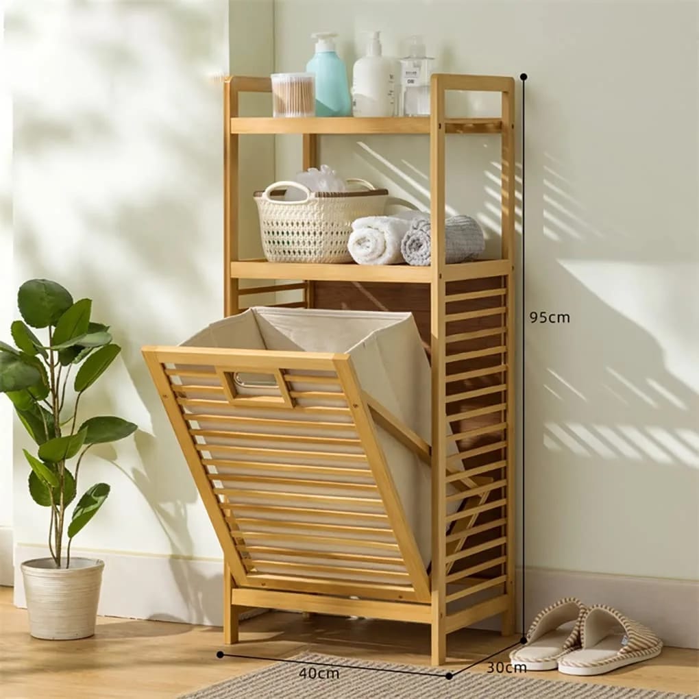 Bamboo Tilting Laundry Cabinet with Basket, Shelves and Handles for Clothes