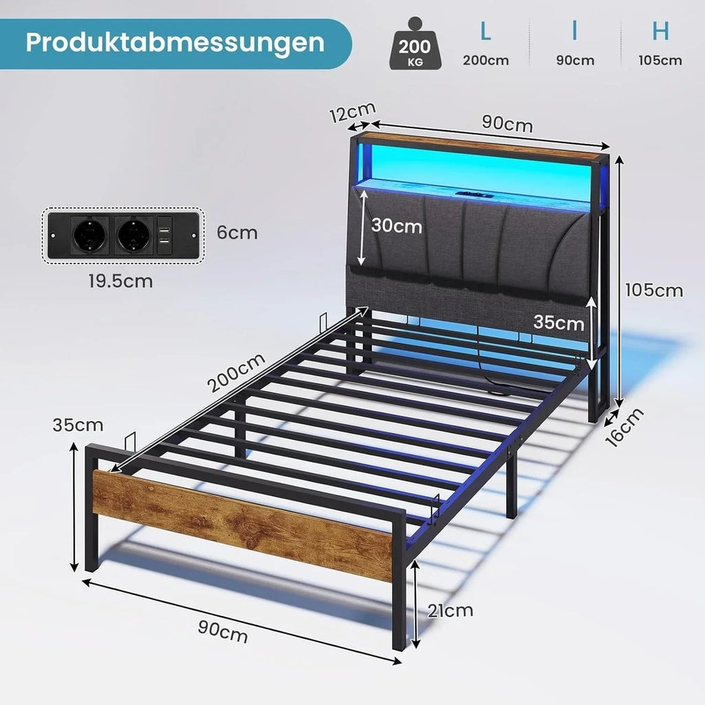 Metal Bed with Charging Function & Linen Headboard