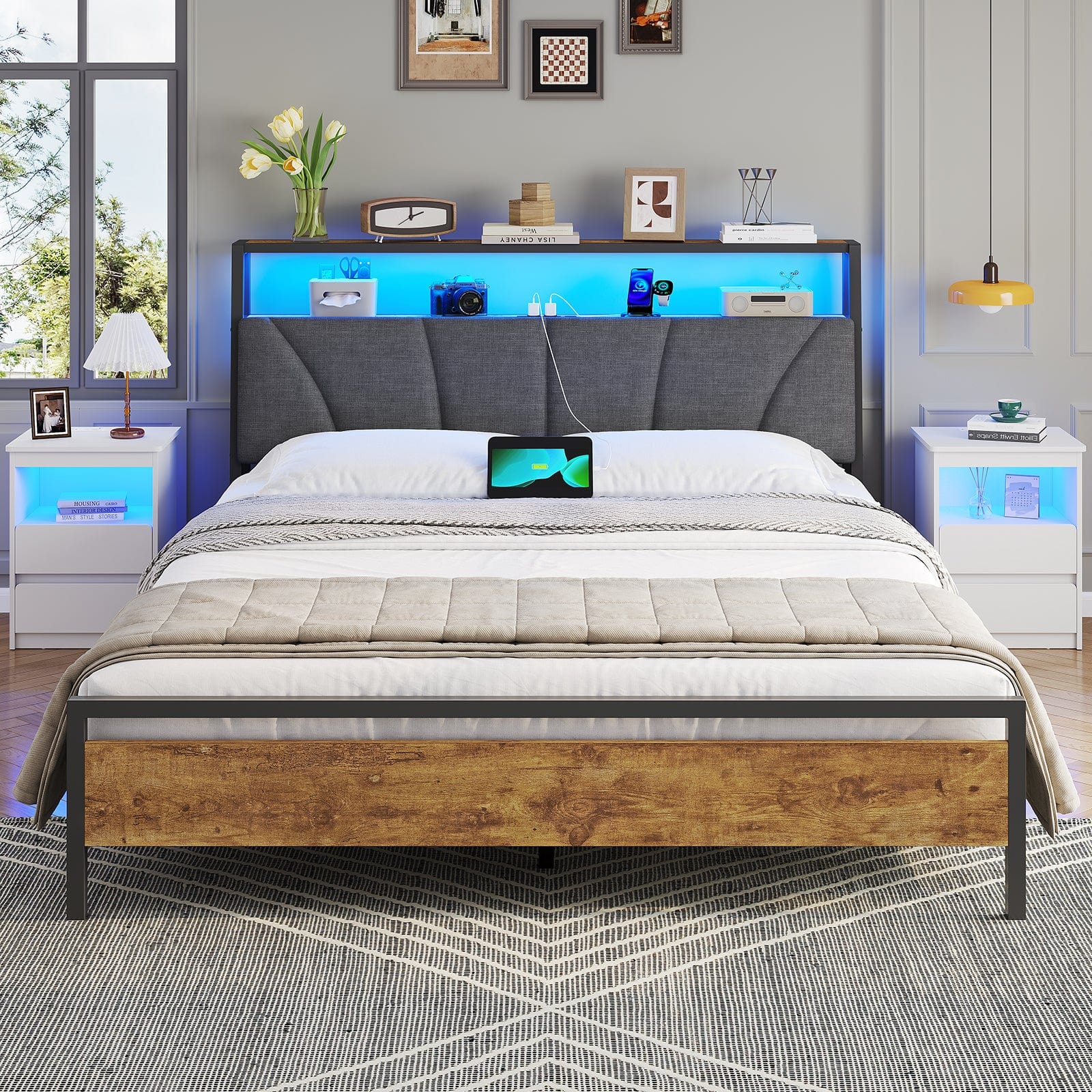 Metal Bed with Charging Function & Linen Headboard