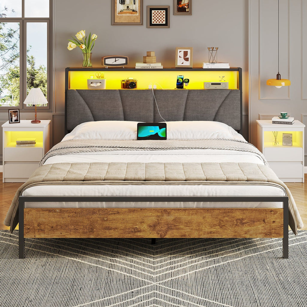 Metal Bed with Charging Function & Linen Headboard